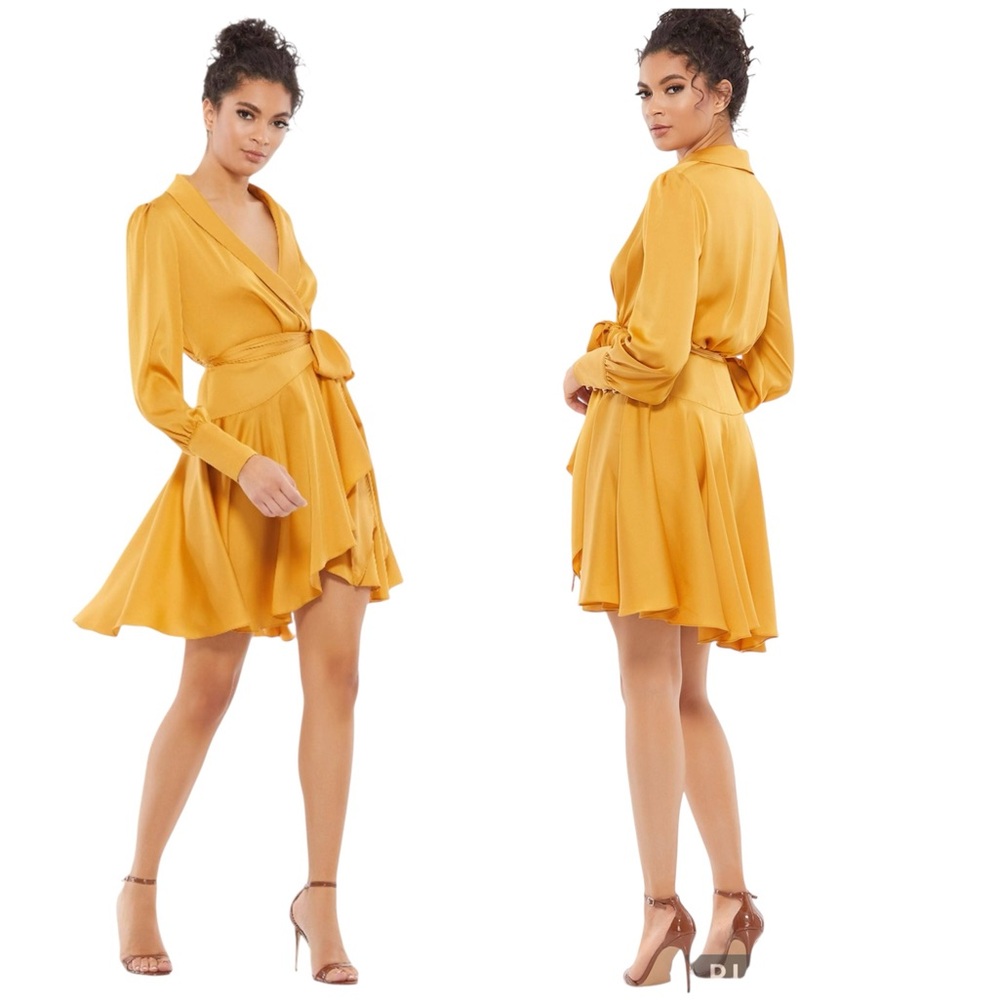 Ieena for Mac Duggal Yellow Mini Wrap Dress Size 4
